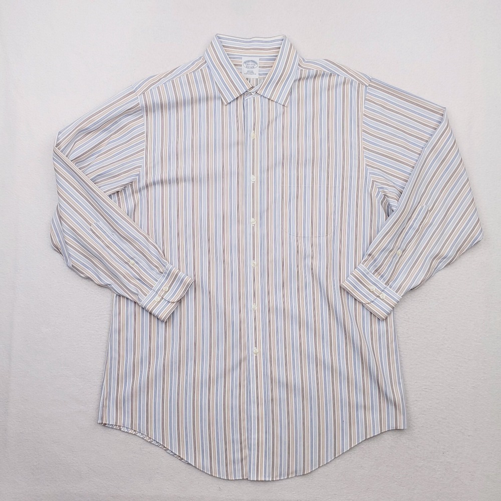 Brooks Brothers Shirt Mens 16.5 Blue Brown Striped Slim Fit Professional Office